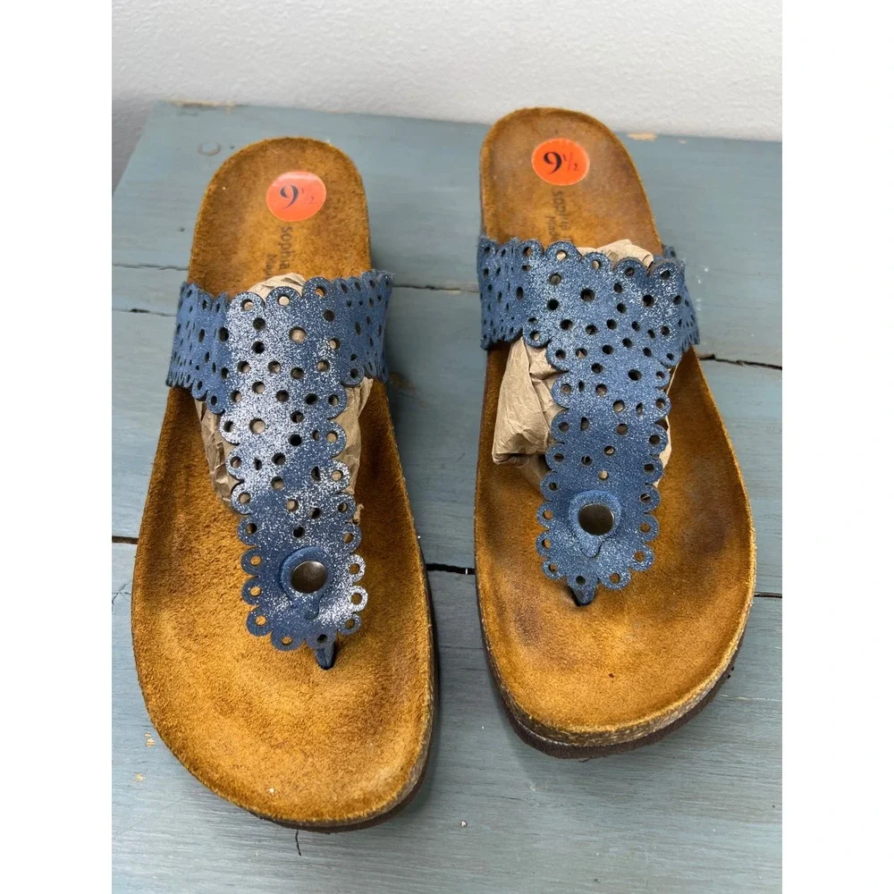 Sophia Milano Blue Laser Cut Floral Cork Wedge Thong Sandals Made in Italy 9.5
